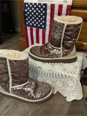 UGG Sequin Shearling-Lined Moccasin Boots in Rose Gold